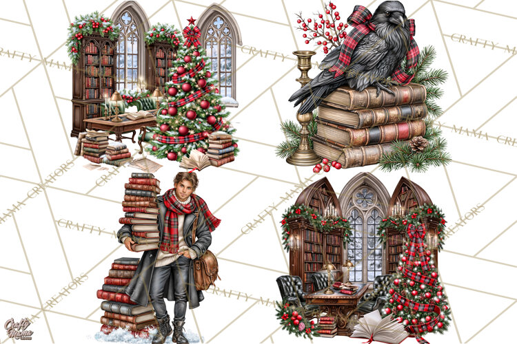 Dark Academia Christmas Clipart Royal Stewart Tartan PNG example image 1