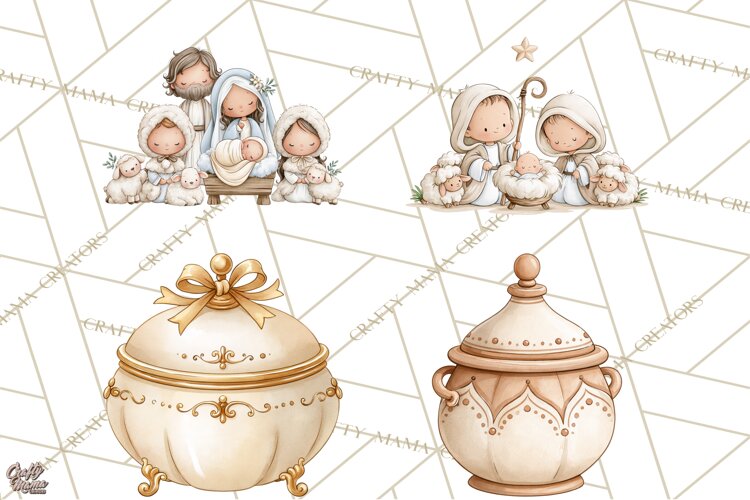 Christmas Nativity Clipart, Watercolor Nativity Scene PNG example image 1