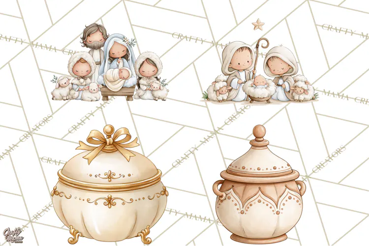 Christmas Nativity Clipart, Watercolor Nativity Scene PNG