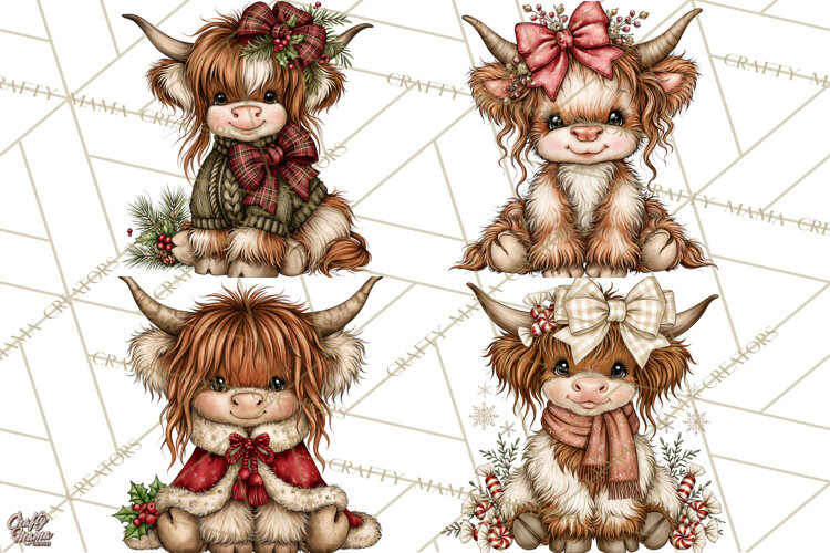 Boutique Christmas Highland Cows PNG example image 1