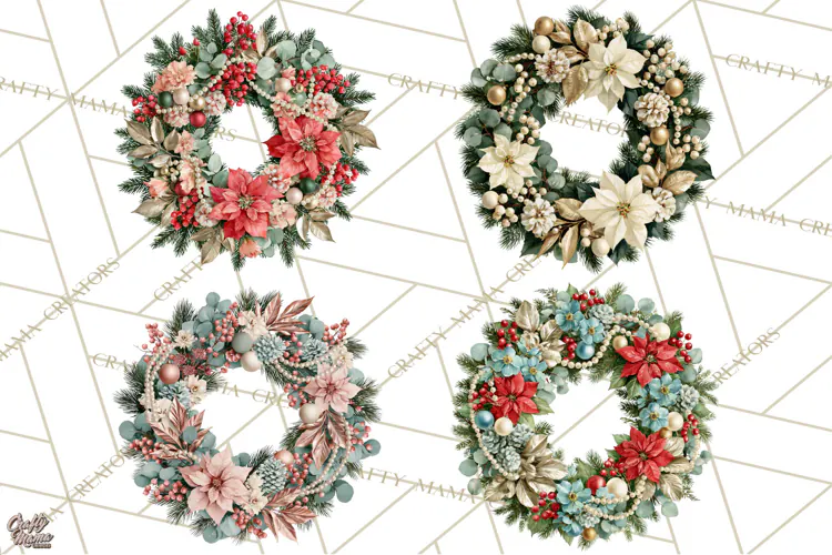 Christmas Wreath Clipart PNG, Elegant Holiday Wreaths