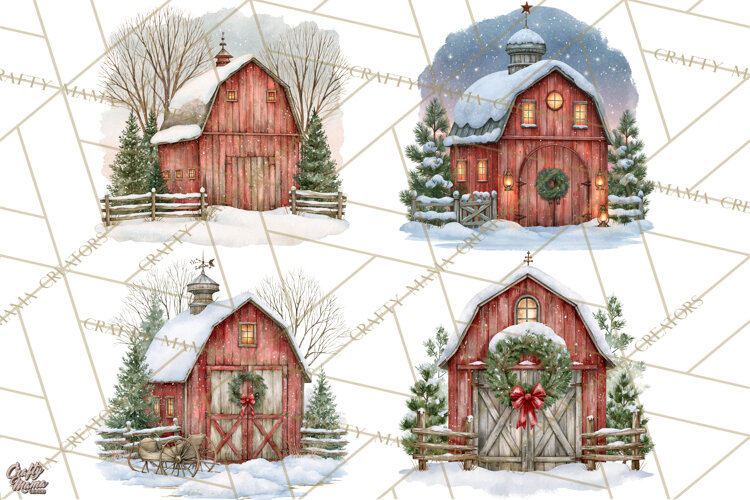 Winter Barn Christmas Clipart PNG, Farmhouse Christmas example image 1