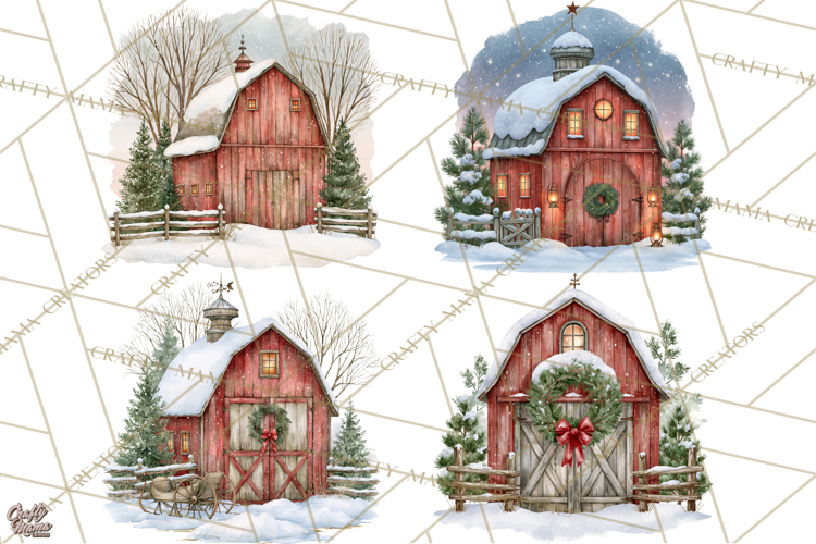 Winter Barn Christmas Clipart PNG, Farmhouse Christmas