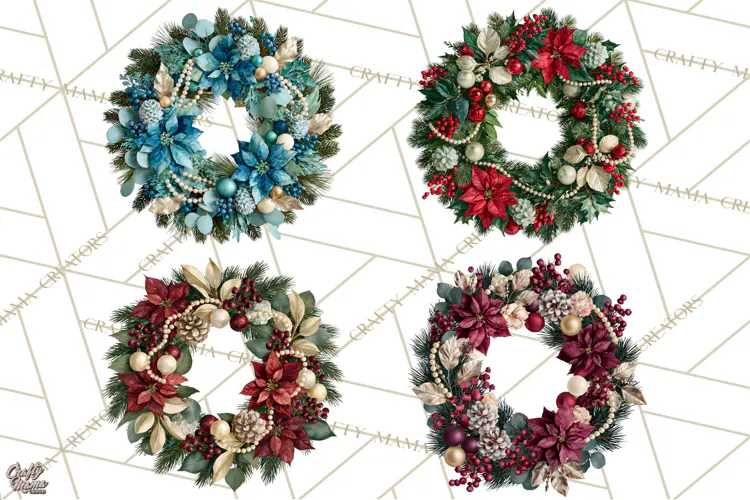 Christmas Wreath Clipart PNG, Elegant Holiday Wreaths