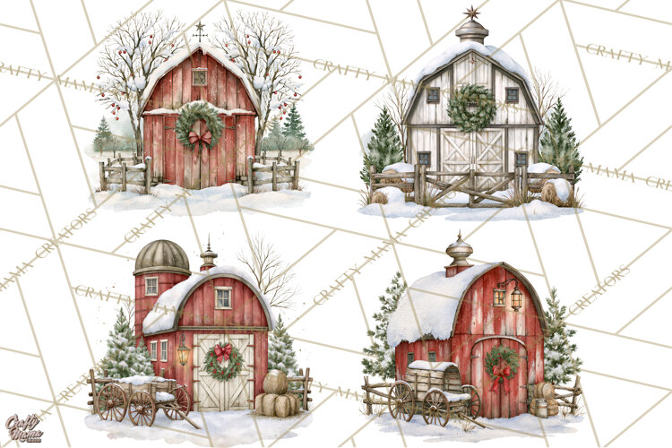 Winter Barn Christmas Clipart PNG, Farmhouse Christmas example image 1