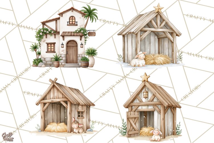 Christmas Nativity Clipart, Watercolor Nativity Scene PNG example image 1