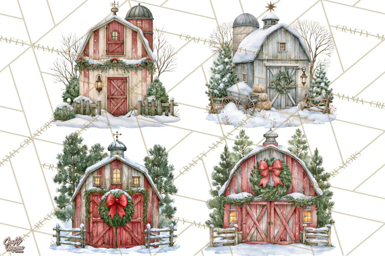 Winter Barn Christmas Clipart PNG, Farmhouse Christmas