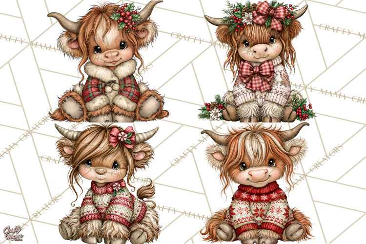 Boutique Christmas Highland Cows PNG example image 1