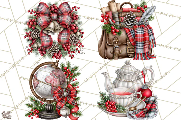 Dark Academia Christmas Clipart Royal Stewart Tartan PNG