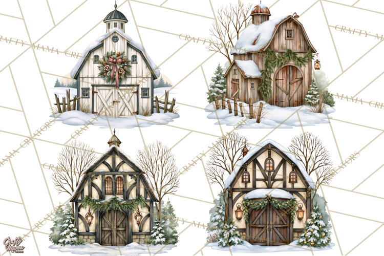 Winter Barn Christmas Clipart PNG, Farmhouse Christmas example image 1