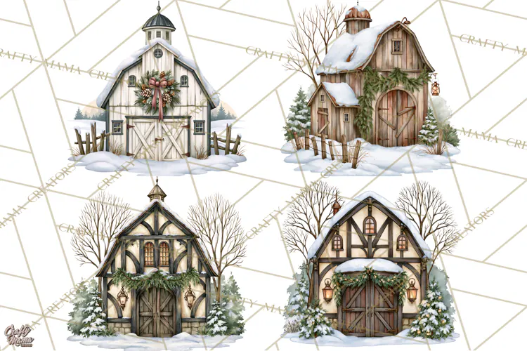 Winter Barn Christmas Clipart PNG, Farmhouse Christmas