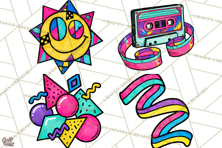 80s Retro Doodle Accessories PNG