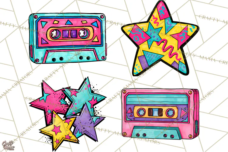 80s Retro Doodle Accessories PNG