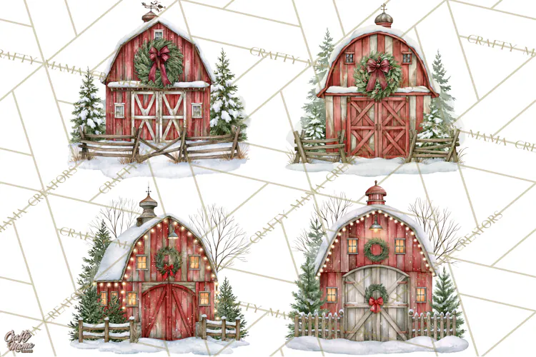 Winter Barn Christmas Clipart PNG, Farmhouse Christmas
