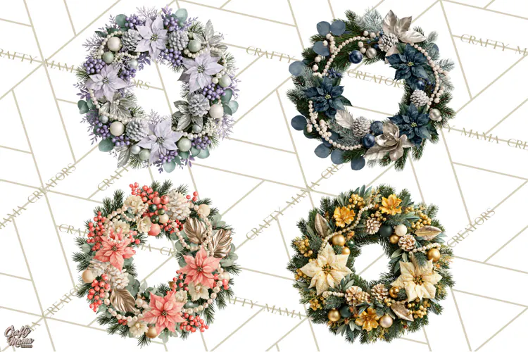Christmas Wreath Clipart PNG, Elegant Holiday Wreaths