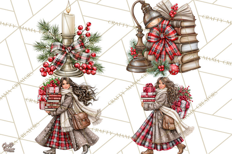 Dark Academia Christmas Clipart Royal Stewart Tartan PNG example image 1