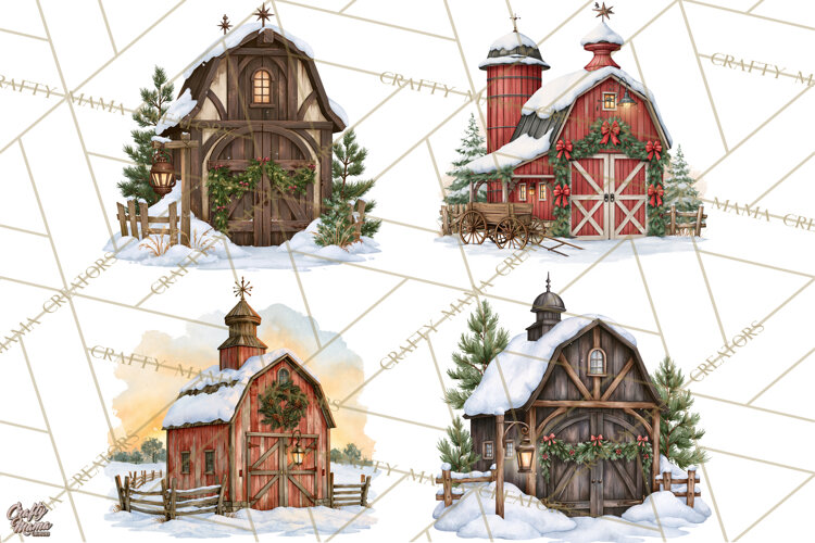 Winter Barn Christmas Clipart PNG, Farmhouse Christmas example image 1