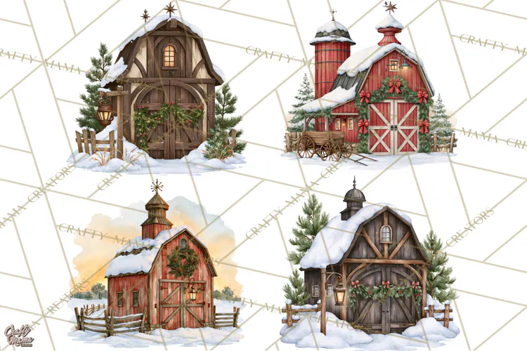 Winter Barn Christmas Clipart PNG, Farmhouse Christmas