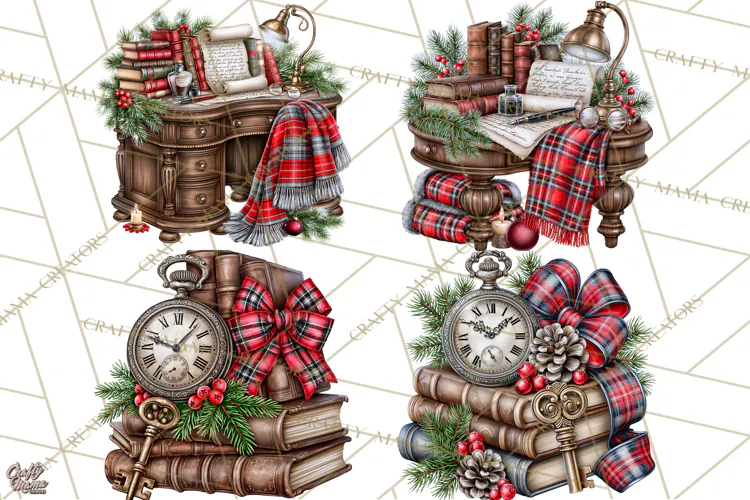 Dark Academia Christmas Clipart Royal Stewart Tartan PNG