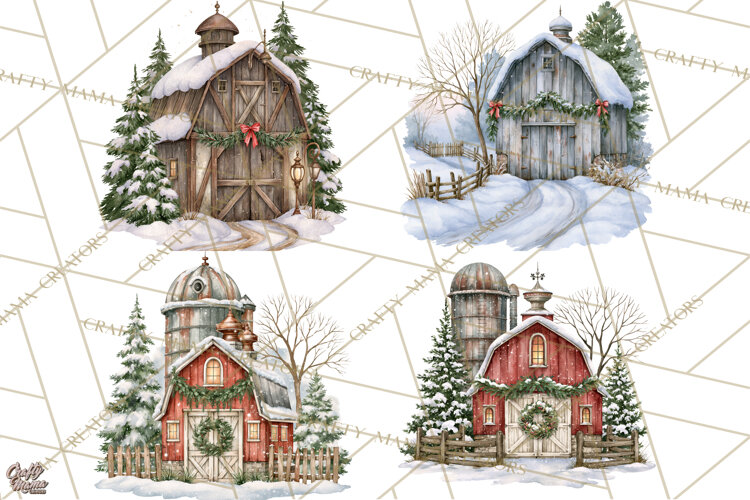 Winter Barn Christmas Clipart PNG, Farmhouse Christmas example image 1