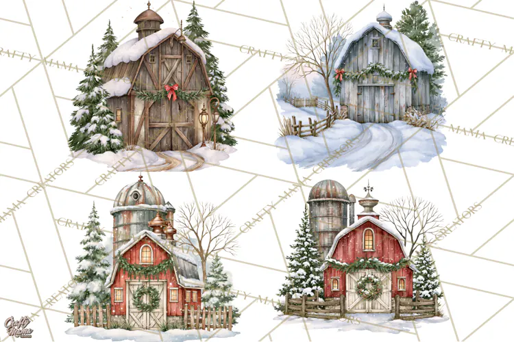Winter Barn Christmas Clipart PNG, Farmhouse Christmas
