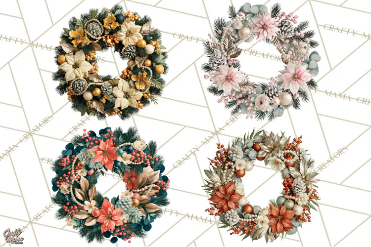 Christmas Wreath Clipart PNG, Elegant Holiday Wreaths