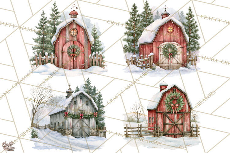 Winter Barn Christmas Clipart PNG, Farmhouse Christmas example image 1