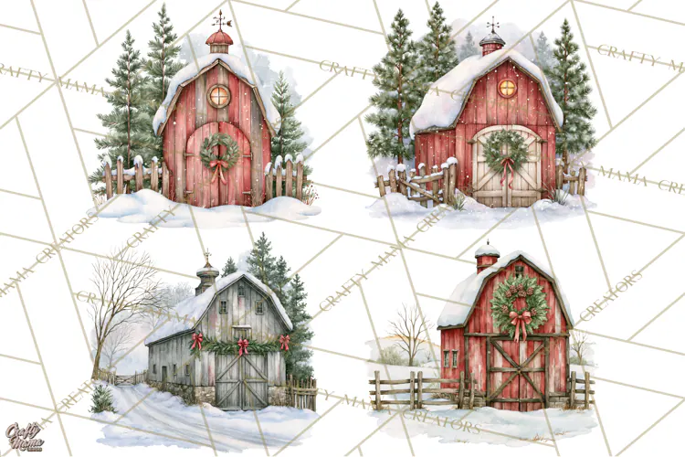 Winter Barn Christmas Clipart PNG, Farmhouse Christmas