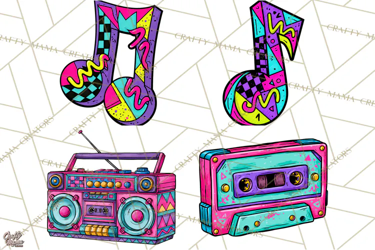 80s Retro Doodle Accessories PNG