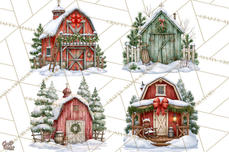 Winter Barn Christmas Clipart PNG, Farmhouse Christmas example image 1