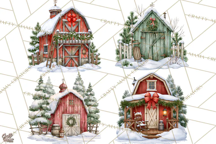 Winter Barn Christmas Clipart PNG, Farmhouse Christmas