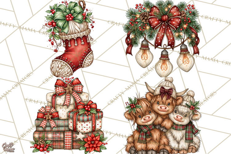 Boutique Christmas Highland Cows PNG example image 1