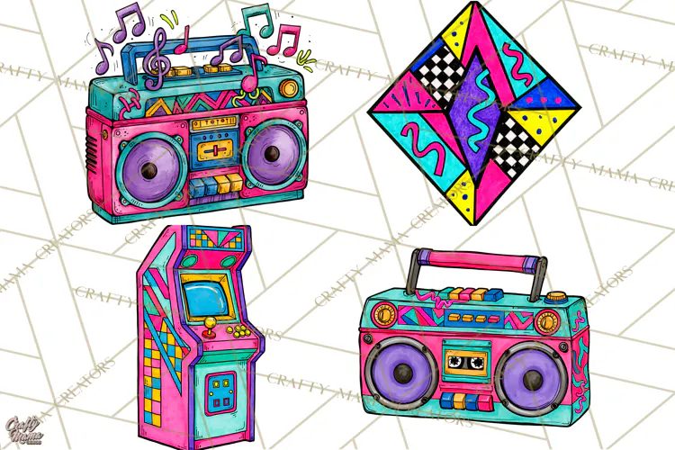 80s Retro Doodle Accessories PNG
