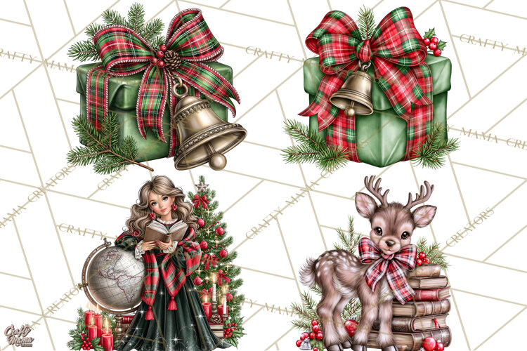 Dark Academia Christmas Clipart Royal Stewart Tartan PNG example image 1