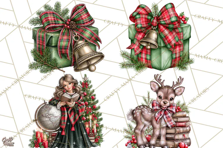 Dark Academia Christmas Clipart Royal Stewart Tartan PNG