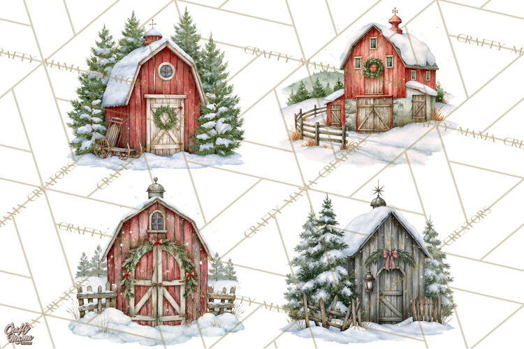 Winter Barn Christmas Clipart PNG, Farmhouse Christmas example image 1
