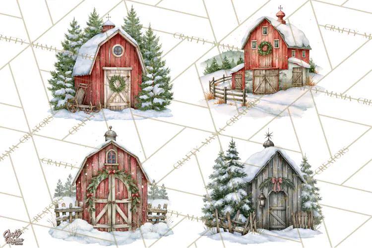 Winter Barn Christmas Clipart PNG, Farmhouse Christmas