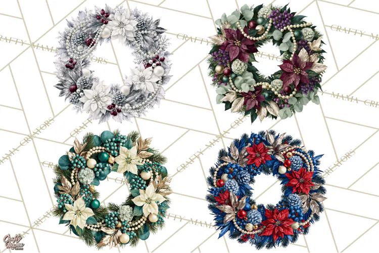 Christmas Wreath Clipart PNG, Elegant Holiday Wreaths