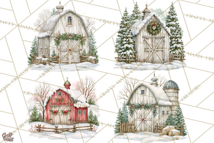 Winter Barn Christmas Clipart PNG, Farmhouse Christmas example image 1