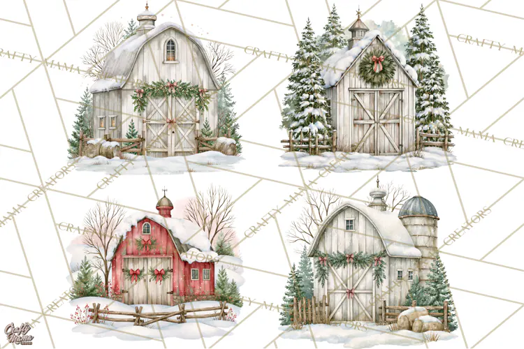 Winter Barn Christmas Clipart PNG, Farmhouse Christmas