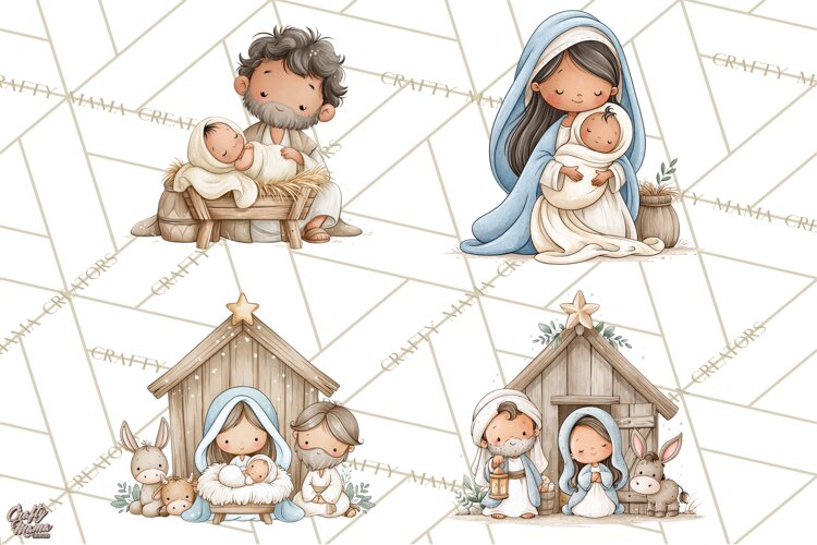 Christmas Nativity Clipart, Watercolor Nativity Scene PNG example image 1