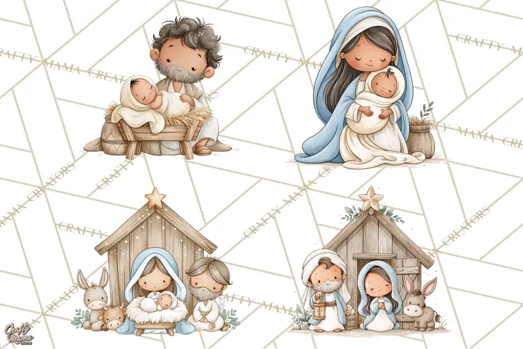 Christmas Nativity Clipart, Watercolor Nativity Scene PNG