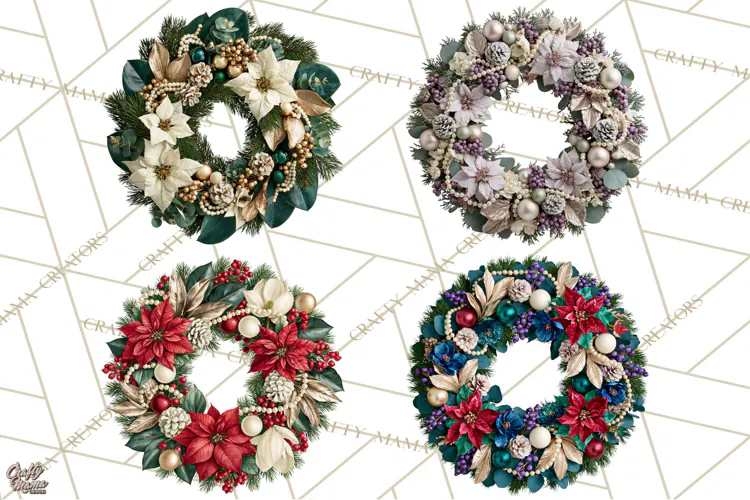 Christmas Wreath Clipart PNG, Elegant Holiday Wreaths