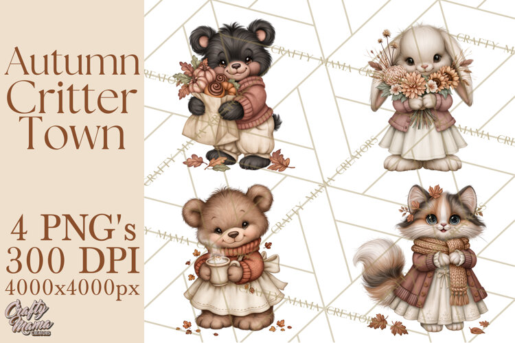 Autumn Critter Town Clipart PNG, Fall Cottage Animal Town