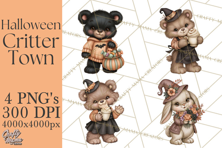 Halloween Critter Town Clipart PNG, Spooky Cottage Animals