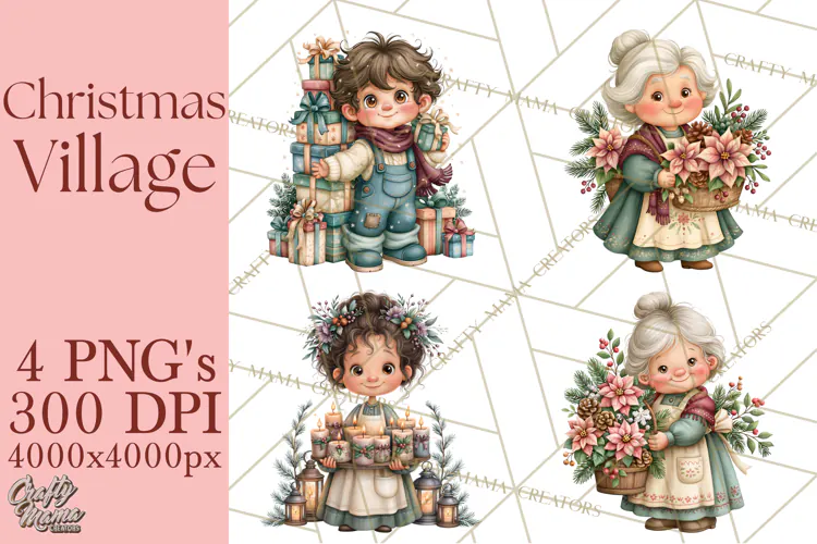 Christmas Village Clipart PNG, Winter Holiday Cottage Town