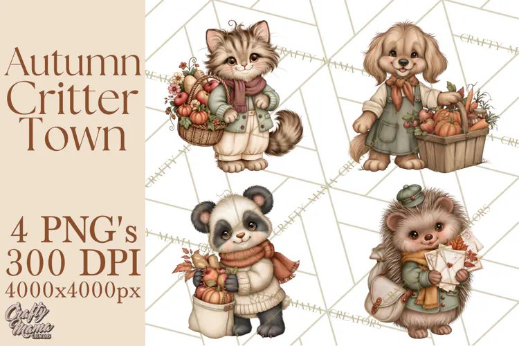 Autumn Critter Town Clipart PNG, Fall Cottage Animal Town