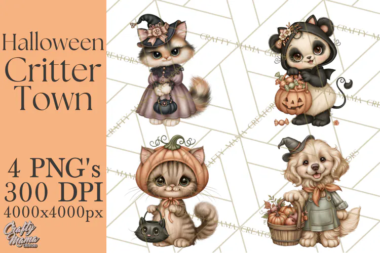 Halloween Critter Town Clipart PNG, Spooky Cottage Animals