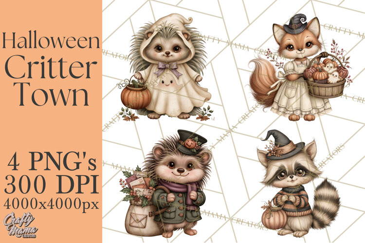 Halloween Critter Town Clipart PNG, Spooky Cottage Animals example image 1