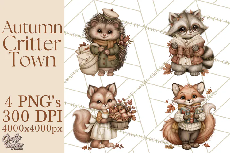 Autumn Critter Town Clipart PNG, Fall Cottage Animal Town